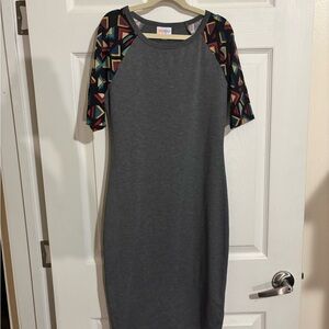 LuLaRoe Gray Dress with Colorful Geometric Sleeves